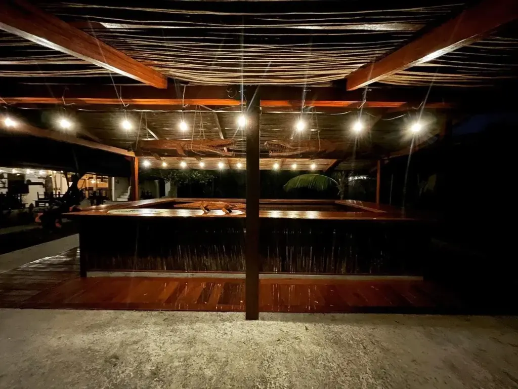 Open-air stage and venue lit by string lights