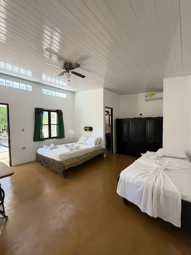 Garden room with two beds and green-curtained windows