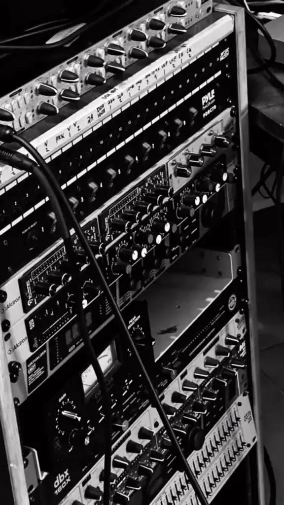 Rack of outboard recording equipment in the Bliss Beats studio