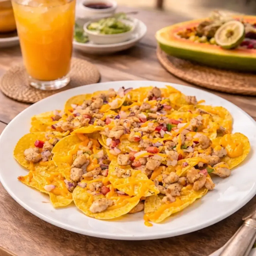 Plate of loaded nachos with fresh juice and papaya