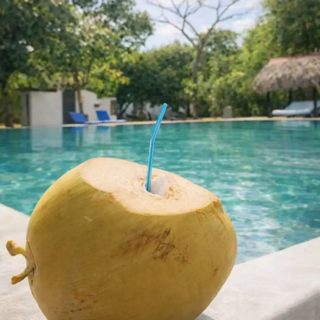 Fresh coconut with a straw beside the pool
