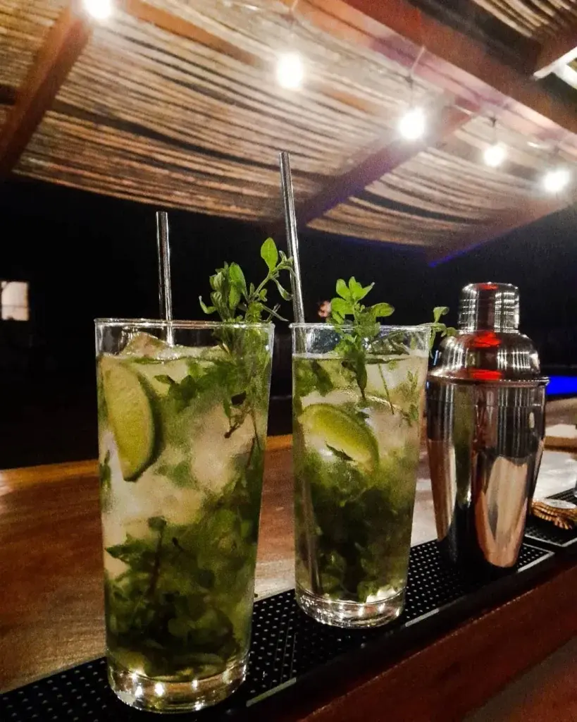 Two mojitos on the bar with a cocktail shaker