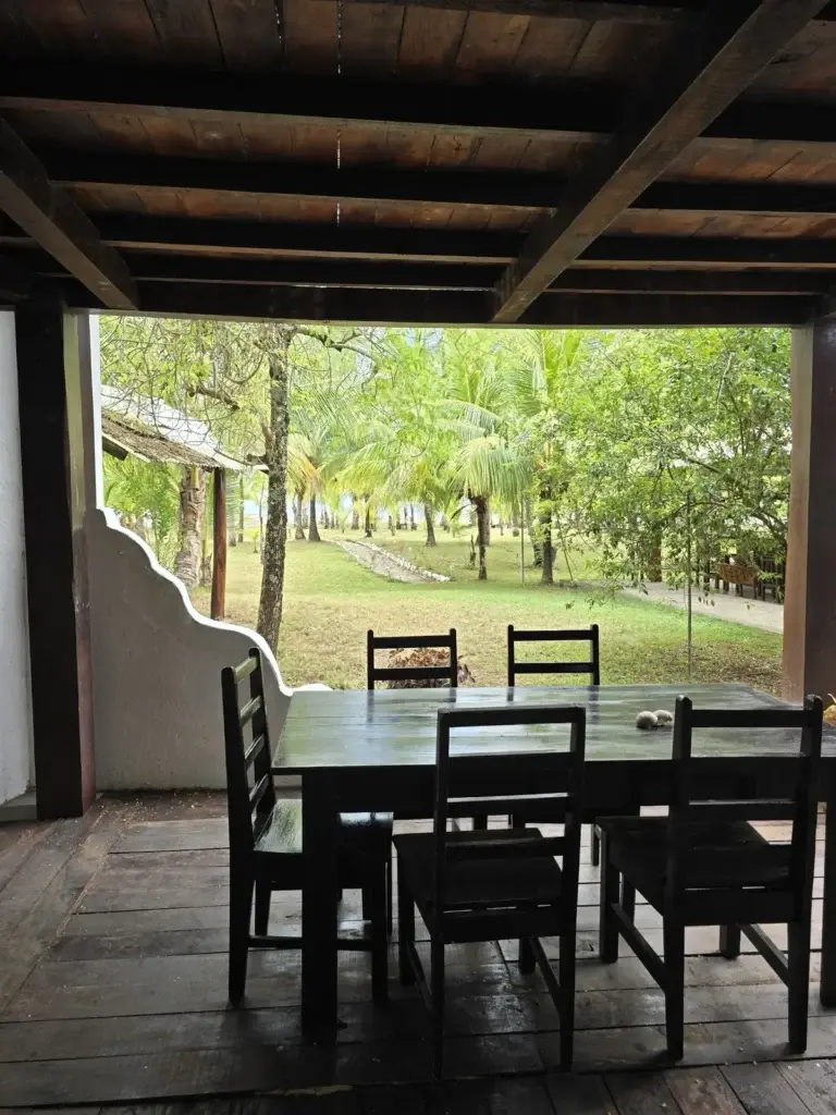 Wooden dining tables on the covered terrace looking out over the palm lawn
